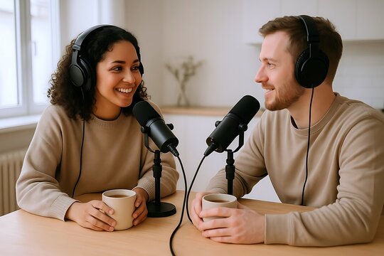 A diverse young couple records a podcast while smiling and enjoying coffee together