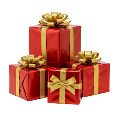 Obraz premium Festive red gift boxes tied with golden ribbons stacked for celebration and holiday joy isolated on transparent background