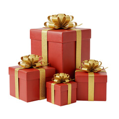 Fototapeta premium Pile of red gift boxes tied with golden ribbons and bows isolated isolated on transparent background