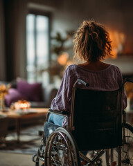 Rear view of a woman in a wheelchair in a cozy living room, symbolizing resilience and the comfort of an accessible home environment