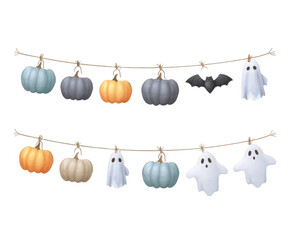 Halloween garland with pumpkins, ghosts, and bats hanging on a clothesline, isolated on transparent background