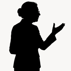 Elderly woman expressing frustration with a raised hand, in a silhouette against a white background