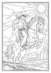 a young cowboy on horseback. coloring book