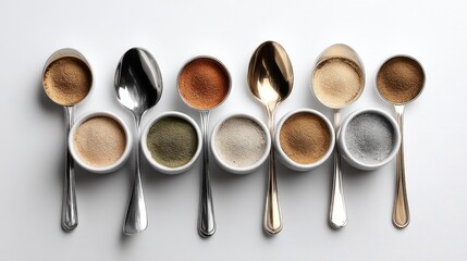 Variety of colorful spices arranged in bowls and spoons on a white surface for culinary preparation or presentation