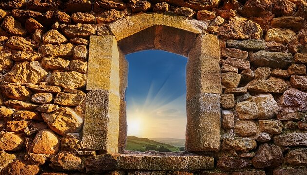ancient stone wall and window frame - Powered by Adobe