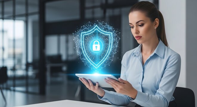 Professional woman holding a tablet displaying a glowing security shield icon, representing digital data protection and network safety - Powered by Adobe