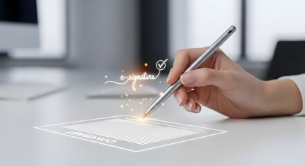 Businesswoman signing a digital contract on a futuristic electronic tablet with a stylus, signifying secure and efficient business transactions