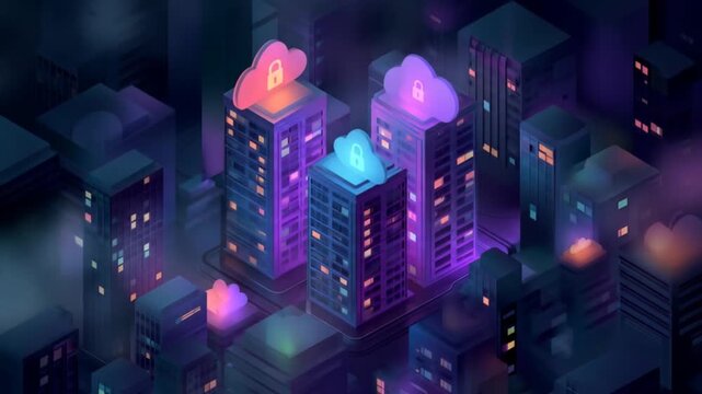 Isometric cityscape with cloud servers and glowing lights illustrative