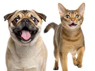 Obraz premium A pug dog with its tongue out and a cat running towards the camera on a white studio background image