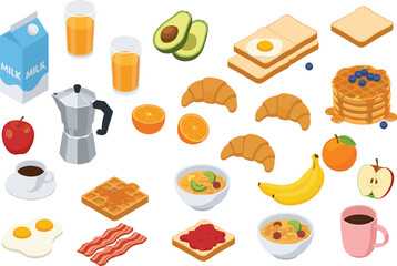 Collection of various breakfast food and drink items including waffles, croissants, eggs, and fruit, isolated on white