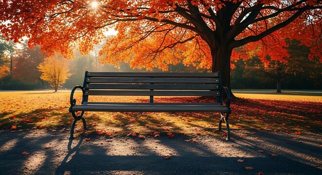 Empty park bench in autumn park, sunlit vibrant fall foliage, long shadows, tranquil nature scene