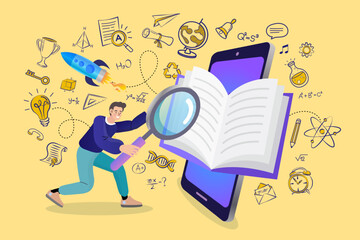 Online education and e-learning concept. A student with a magnifying glass researches a book on a smartphone, surrounded by school subject doodles. Vector for study, knowledge, and discovery.