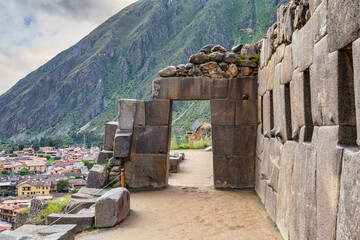 Scenic landscape view with Ollantaytambo Archeological Site in the Sacred Valley of the Incas, Peru.