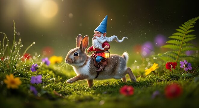 Whimsical Gnome Riding a Rabbit Through a Flower Meadow.