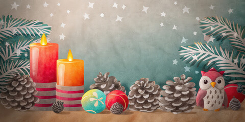 Christmas holiday lifestyle scene with pinecone, candles, owl figurine, and festive decoration creating warm seasonal atmosphere
