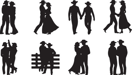 Eight black silhouettes of couples wearing cowboy hats and western attire woman
