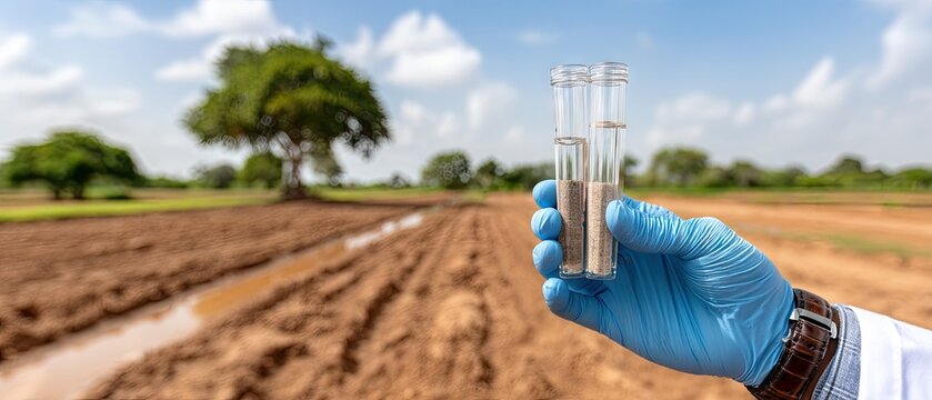 Soil testing in agriculture to improve crop yield and land management in a rural field with clear skies