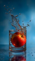 Red Apple Falling into Glass of Water with Splash