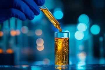 A scientist's hand with a pipette dripping golden liquid into a glass measuring cylinder in a laboratory.