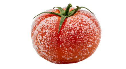 Frosted Tomato: A Chilled Red Orb with Icy Crystal Coating and Green Stem