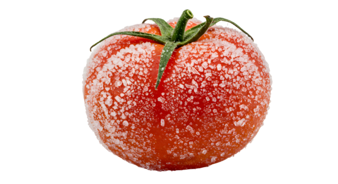 Frosted Tomato: A Chilled Red Orb with Icy Crystal Coating and Green Stem