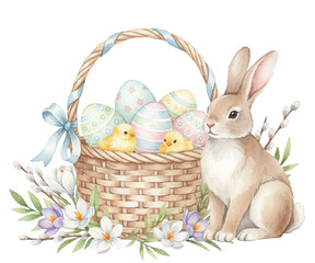 Easter vector card or banner with traditional rabbit sitting near the basket with colored eggs and chickens. Christian holiday symbols. Cartoon brooding bunny illustration.