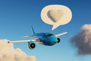 Happy airplane flying in the blue sky with heart shaped balloon