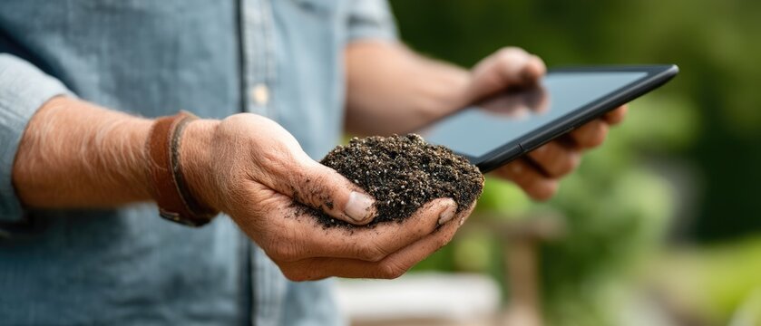 Gardener holding soil in one hand and a tablet in the other during a sunny day in a garden