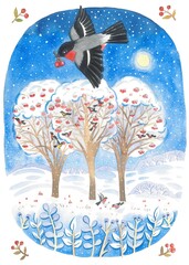 Watercolor illustration of a bullfinch flying over winter trees.