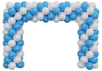 3D render balloon frame entrance. Blue and white Balloons in the Shape of square, Gate, or Portal isolate on a white background. 3d png illustration.