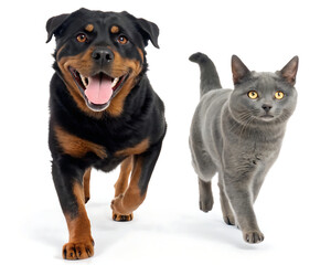 Obraz premium A rottweiler dog and a gray cat walking towards the camera on a white background in a studio setting
