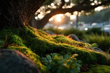 Mossy ground and tree roots in natural light