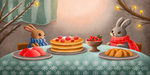 Two rabbits wearing scarves enjoy cozy holiday breakfast with pancakes and bread in warm Christmas lifestyle setting