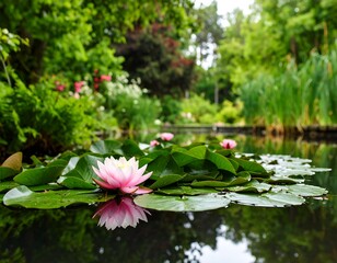 Pink water lilies in a lush garden pond