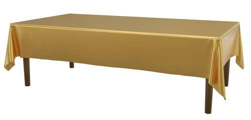 Realistic Rectangular table with gold Tablecloth isolated on white Background.  Empty cloth table. Silk table clothes. Meeting room table clothes. 3D png illustration.