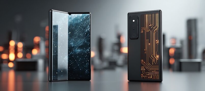 A sleek folding smartphone with a starry sky display and a modern design, highlighting the fusion of technology and aesthetic appeal - Powered by Adobe
