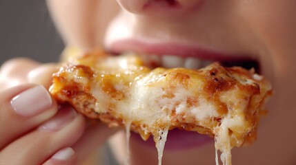 Close Up Woman Eating Melty Cheese Pizza Slice in Bright Kitchen
