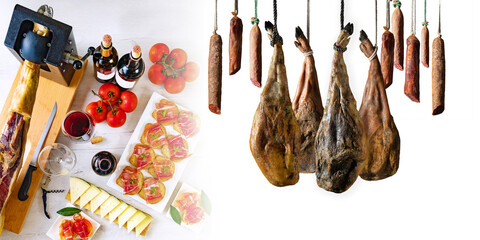La mesa ibérica une tradición y sabor: jamón, vino y gesto culinario en escena compartida.Jamón en soporte, embutidos colgados, vino, pan con tomate, queso y tomates sobre mesa rústica.