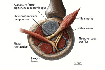 Cross-section of the human ankle showing the tibial nerve, accessory flexor digitorum accessor longus, flexor retinaculum, and neurovascular conflict.