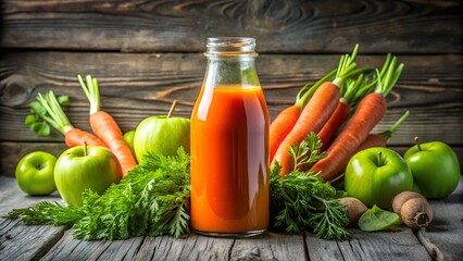 A bottle of vibrant orange juice is surrounded by fresh green apples and carrots on a rustic wooden background, highlighting a healthy and natural lifestyle