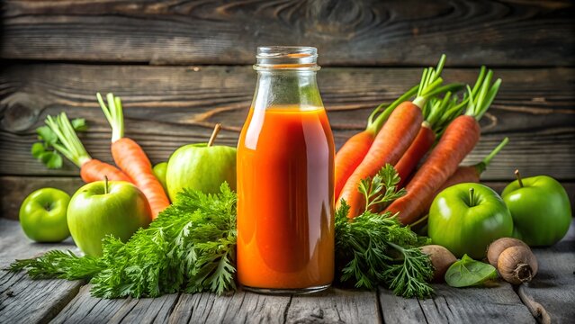 A bottle of vibrant orange juice is surrounded by fresh green apples and carrots on a rustic wooden background, highlighting a healthy and natural lifestyle - Powered by Adobe