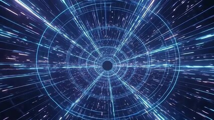 Dynamic digital tunnel with glowing light streaks propelling forward into a dark vortex, representing speed and futuristic technology - Powered by Adobe