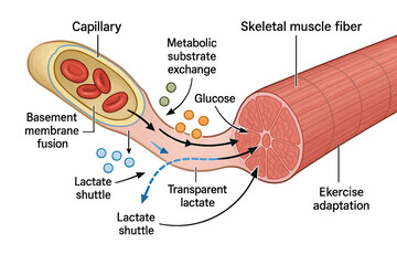 Diagram illustrating metabolic substrate exchange between a capillary and a skeletal muscle fiber, showing glucose and lactate transport and exercise adaptation.