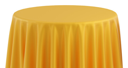 Gold Round Table with Tablecloth Isolated on white Background. Meeting room table clothes. Pink tablecloths in various fabrics. 3D png illustration.