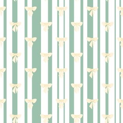 Decorative pattern featuring pale bows on vertical stripes in soft green and white colors. Seamless Background