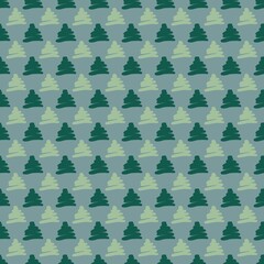Pattern showcasing green trees on a light blue background in geometric style suitable for fabric design