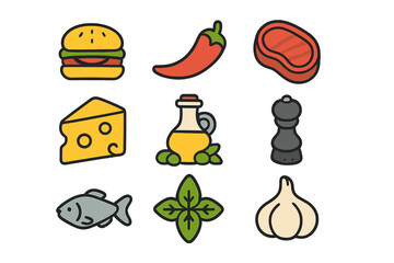 Vector illustration of food and flavors icons collection. Includes burger, chili pepper, steak, cheese, olive oil, pepper grinder, fish, basil leaves, garlic. Food ingredients, cooking concept.