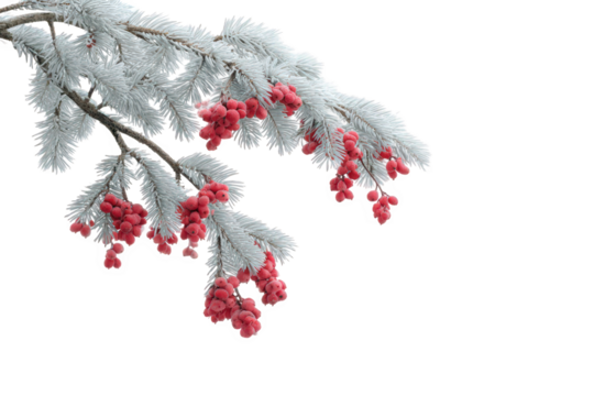 A frostcovered branch of a pine tree with bright red berries, isolated on a transparent background, evoking a sense of winter beauty and the resilience of nature during the cold season