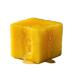 Extreme macro of a perfectly ripe mango cube with a fresh bite, oozing sweet yellow juice, vibrant orange-red skin, on a transparent background, concept of delicious freshness
