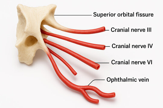 Anatomical model showing the superior orbital fissure with cranial nerves III, IV, VI, and ophthalmic vein